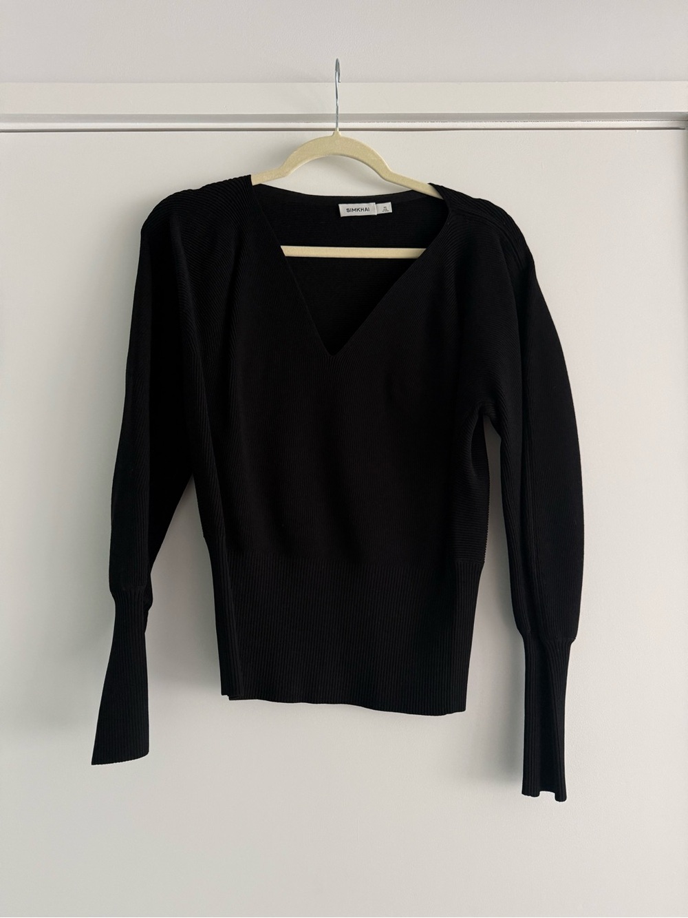 Simkhai Black V-Neck Ribbed Long-Sleeve Top